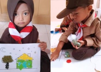 Siswa PaudQu Baitussalam Membuat Kreativitas Kolase Rumah Dari Robekan Kertas Origami Dan Kacang Hijau