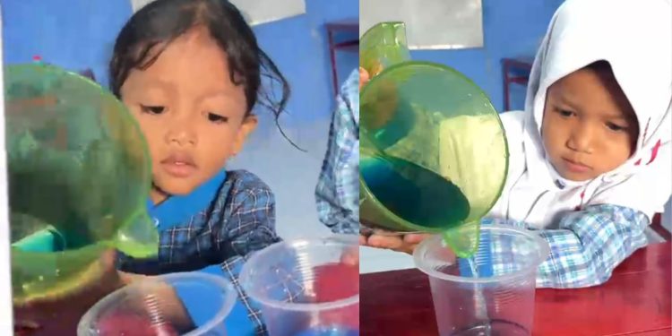 Keseruan Anak-anak TKQ Baitussalam, Saat Belajar Mewarnai Benda Cair